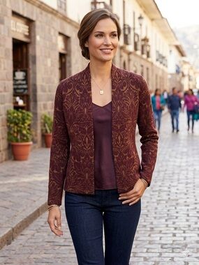 Small Peruvian Connection Rich Burgundy & Gold Cardigan Tapestry Baby Alpaca